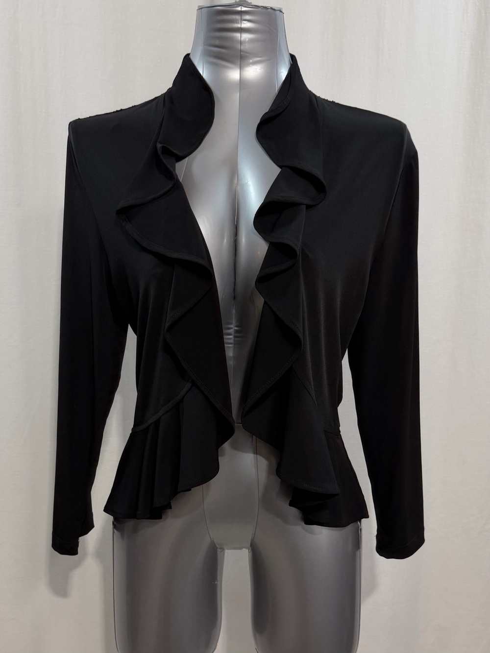 connected apparel Black Ruffle-Trim Open Front Jacket with lace back 1815